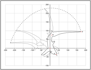Figure 3 from Oliver et al. 2013. "Figure 3. Diagram showing the method used for analysing the kinematics of a thresher shark's tail-slap from a sequence of video still images. show more For sagittal plane events, three key anatomical parts (a) the tip of the tail, (b) the midpoint of the caudal peduncle, and (c) the tip of the snout were tracked in two dimensions using the posterior base of the pectoral fin as a fixed reference point (x/y intercept = 0). The arc length of a thresher shark's tail-slap is shown in dashed line." 