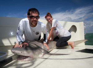 WhySharksMatter and an RJD intern with an adult female lemon shark 