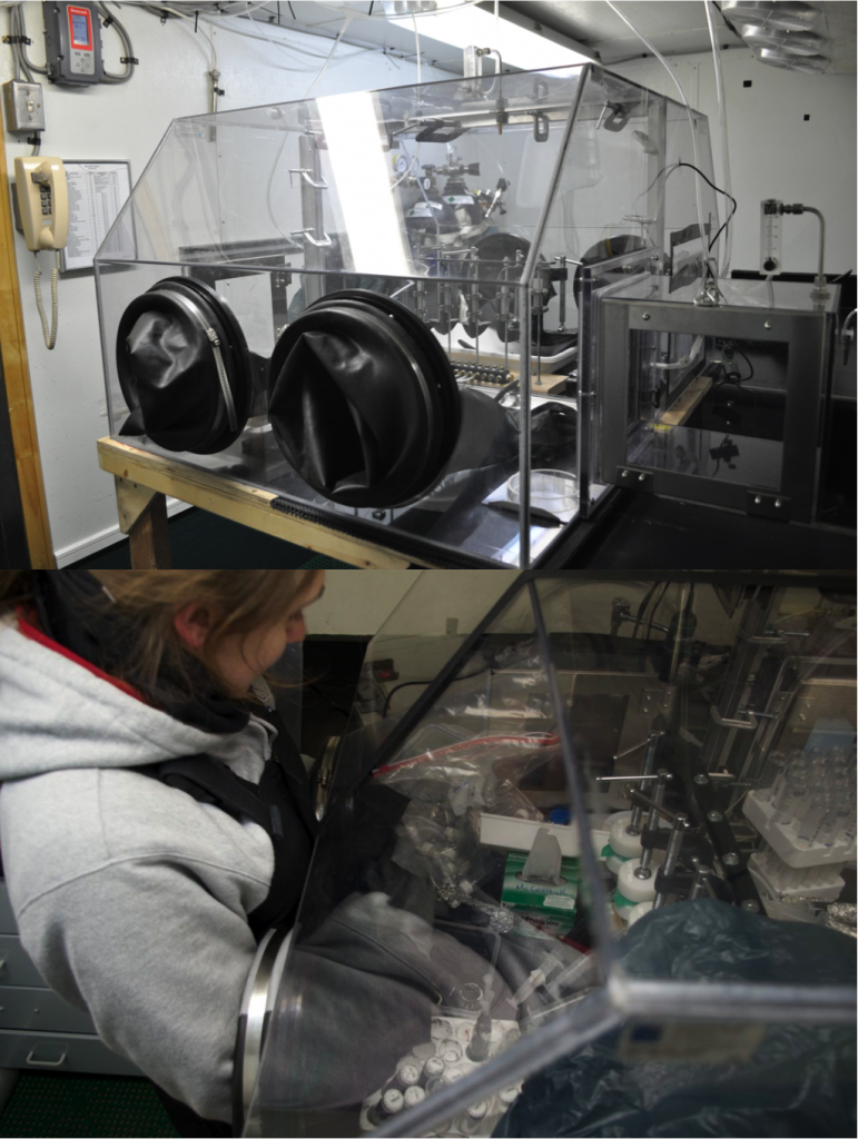 upper panel: the entire view of glove box, lower panel: Liz Bucceri working on sediment sample processing in glove box. Photo by Megumi Shimizu