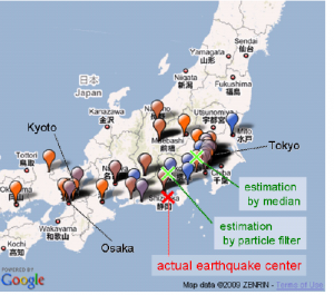 Figure 9 from Sakaki et al. 2010, showing how close the actual earthquake center (red X) is to what was estimated by tweets (green crosses) 