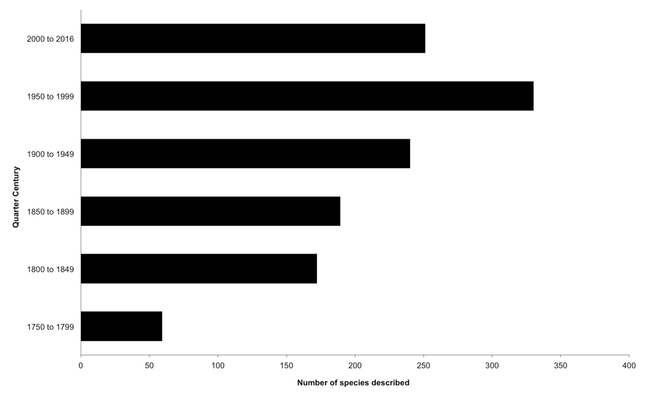 The number of sharks named by the quarter century, except for the period of 2000 to June 2016. Source: David Ebert, personal database