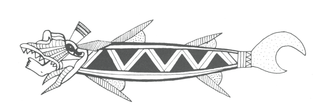 Early rival to the Jaws movie poster: Native Latin American depiction of a shark with a human foot sticking out of its mouth. Note the correct number of fins, tail shape and triangular teeth (from Seler, 1902)