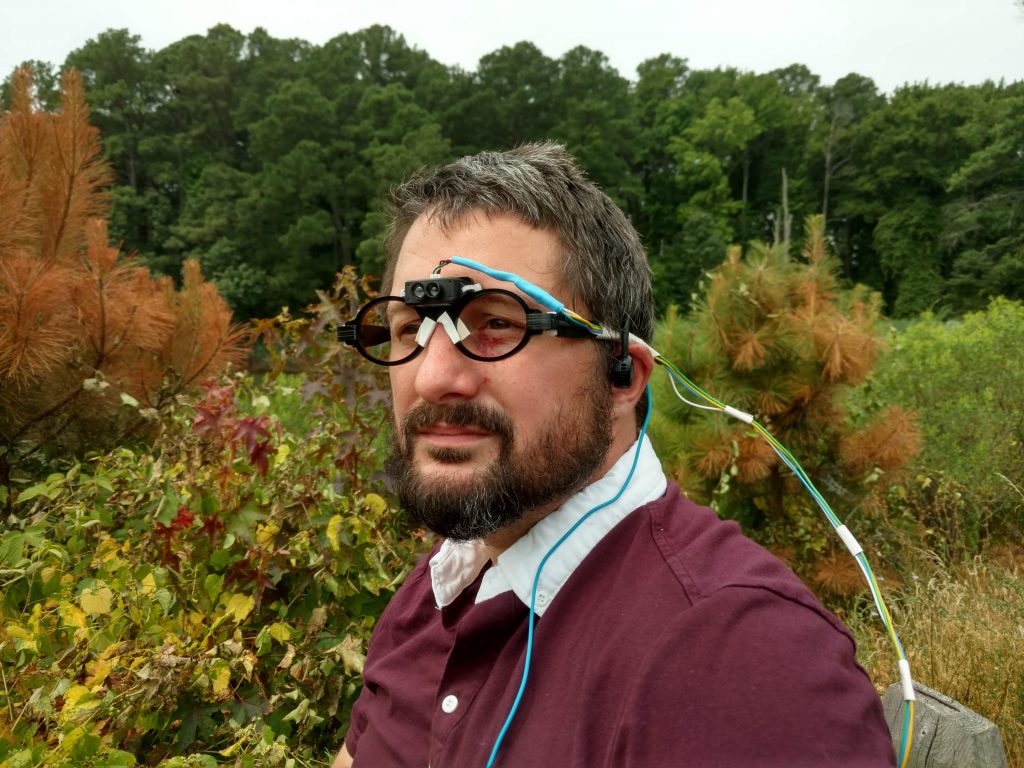 The author wearing a head mounted LiDAR array, looking very pensive. 
