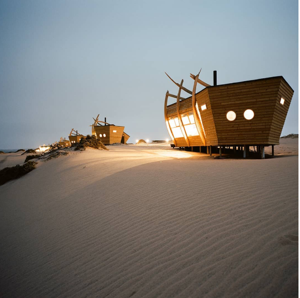 A hotel that looks like a shipwreck in the desert. 