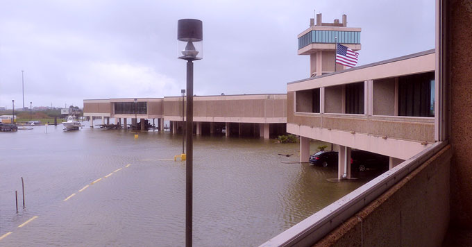 LUMCON’s DeFelice Marine Center, flooded, as seen from a dormitory balcony. (Photo: Courtesy of LUMCON)