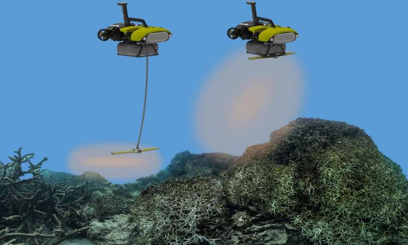 LarvalBot gently squirts the coral larvae onto damaged reef areas. Credit: QUT Media